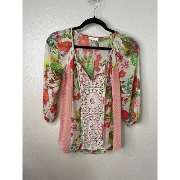 Meadow Rue Floral Crochet Blouse XS Boho Pink Green Sheer 3/4 Sleeve Top - Picture 2 of 5